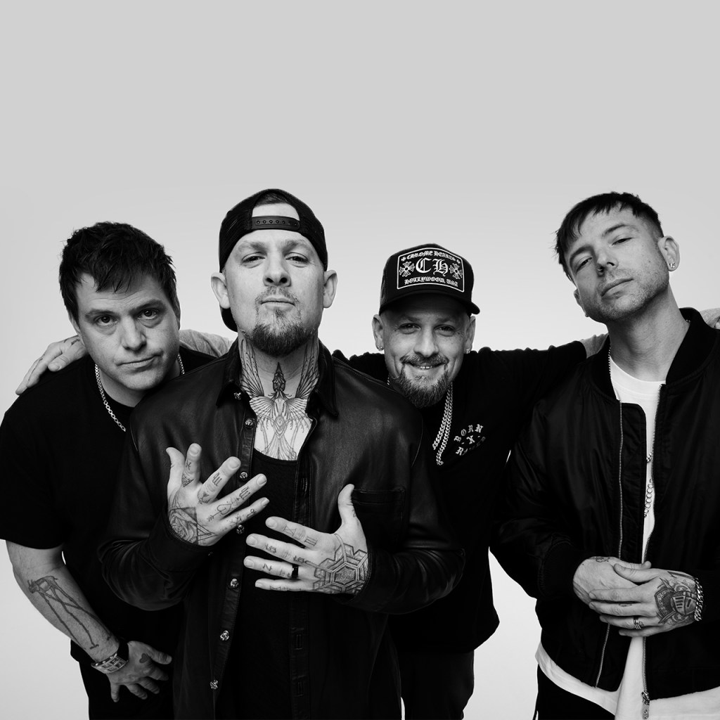 Black and white image of Good Charlotte - from left to right Paul Thomas, Joel Madden, Benji Madden and Billy Martin